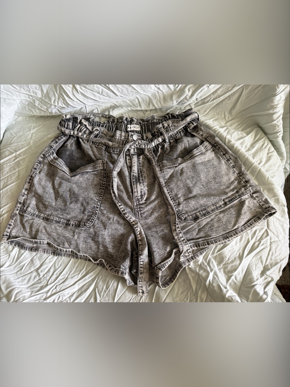 High-Waist Paperbag Denim Shorts, Washed Gray - Ava & Viv